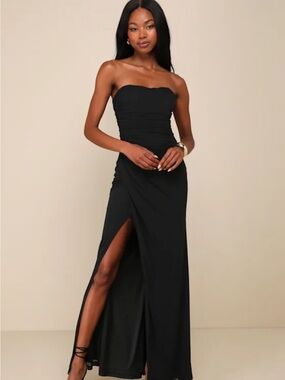 after hours black strapless ruffled maxi dress Strapless Ruched Ruffle Maxi Dress in Black